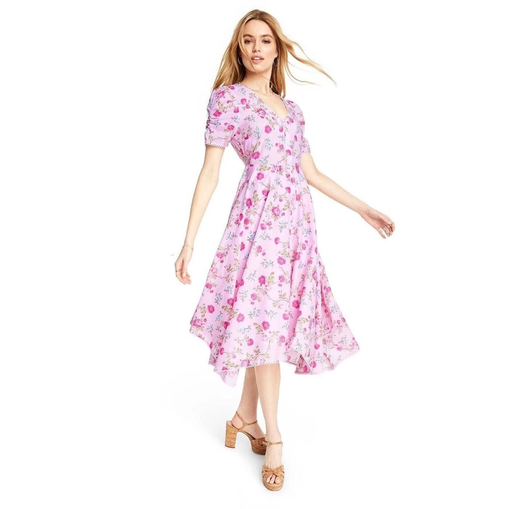 LoveShackFancy Target Pink Floral Handkerchief Hem Midi Dress Women Size 2